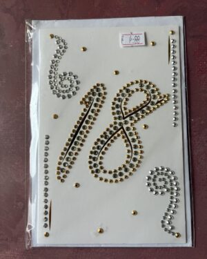 18th Birthday Gem Card. Diamond painting card with large number eighteen decorated swirls in gold and crystal gems.