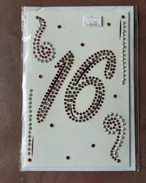 16th Birthday Gem Card. Diamond painting card with large number sixteen decorated swirls in pink and silver gems.